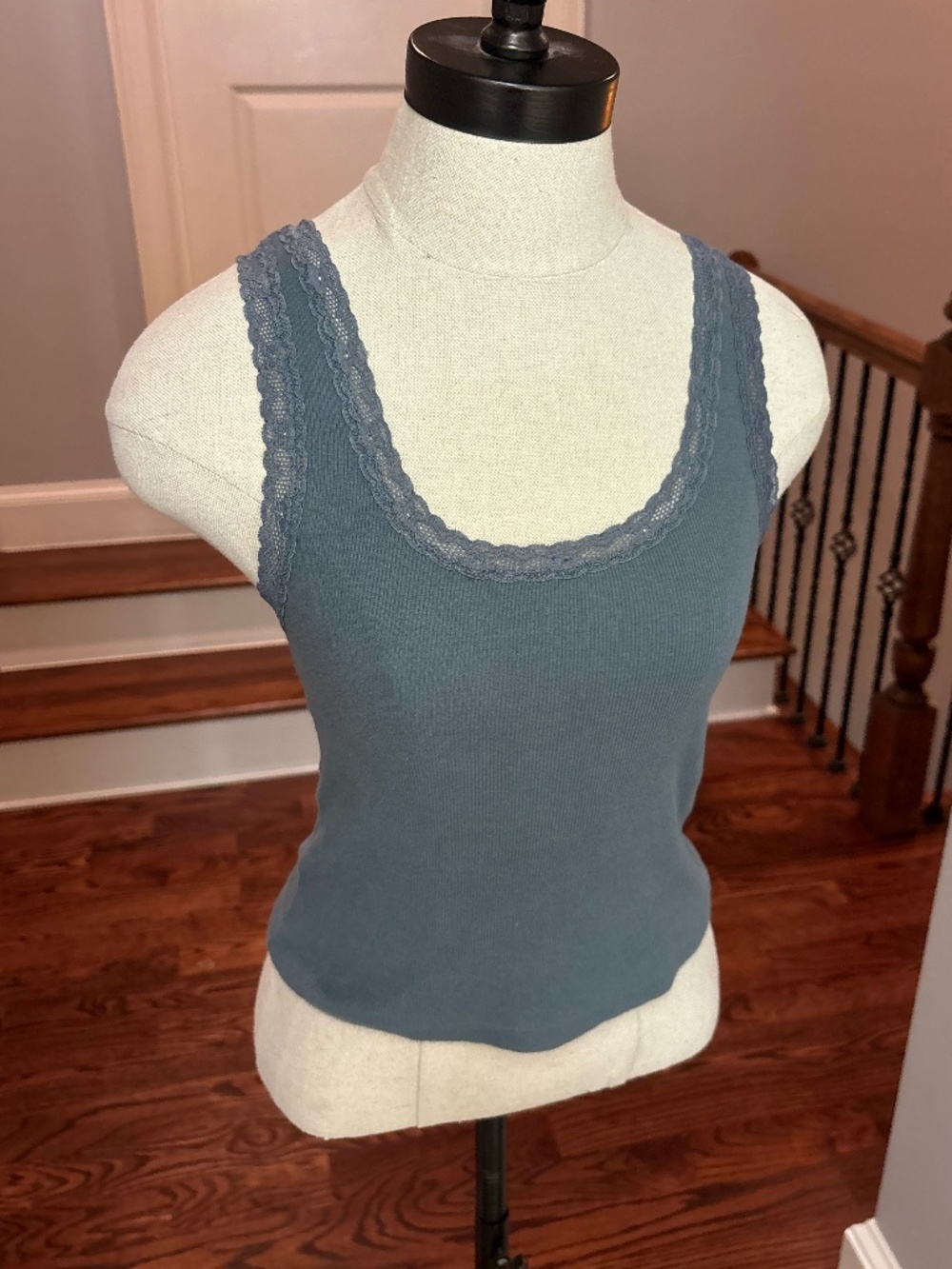 Lace Trim Cotton Ribbed Tank Dusty Steel Blue Scoop Neck Size Small